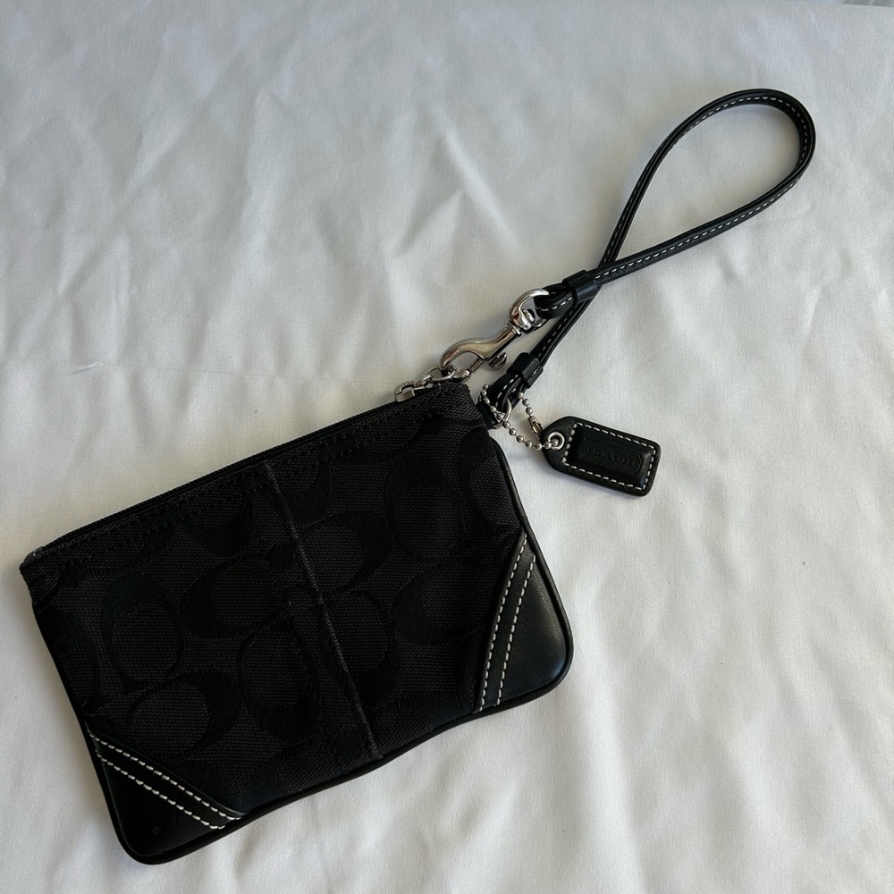 Coach Black Signature Canvas Wristlet with Leather Trim